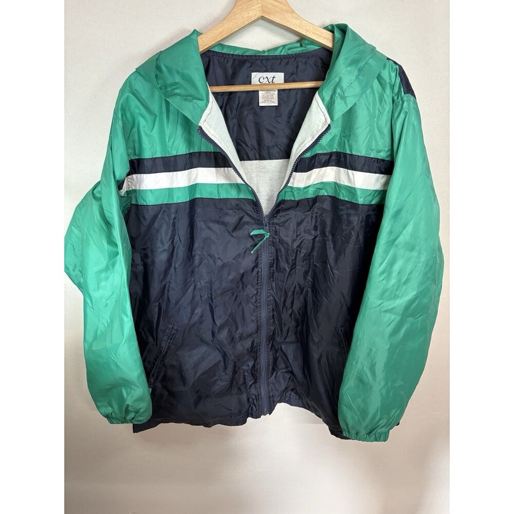 CXT Classics Women Zip Up Hooded Windbreaker Green Blue Colorblock Size 1X VTG